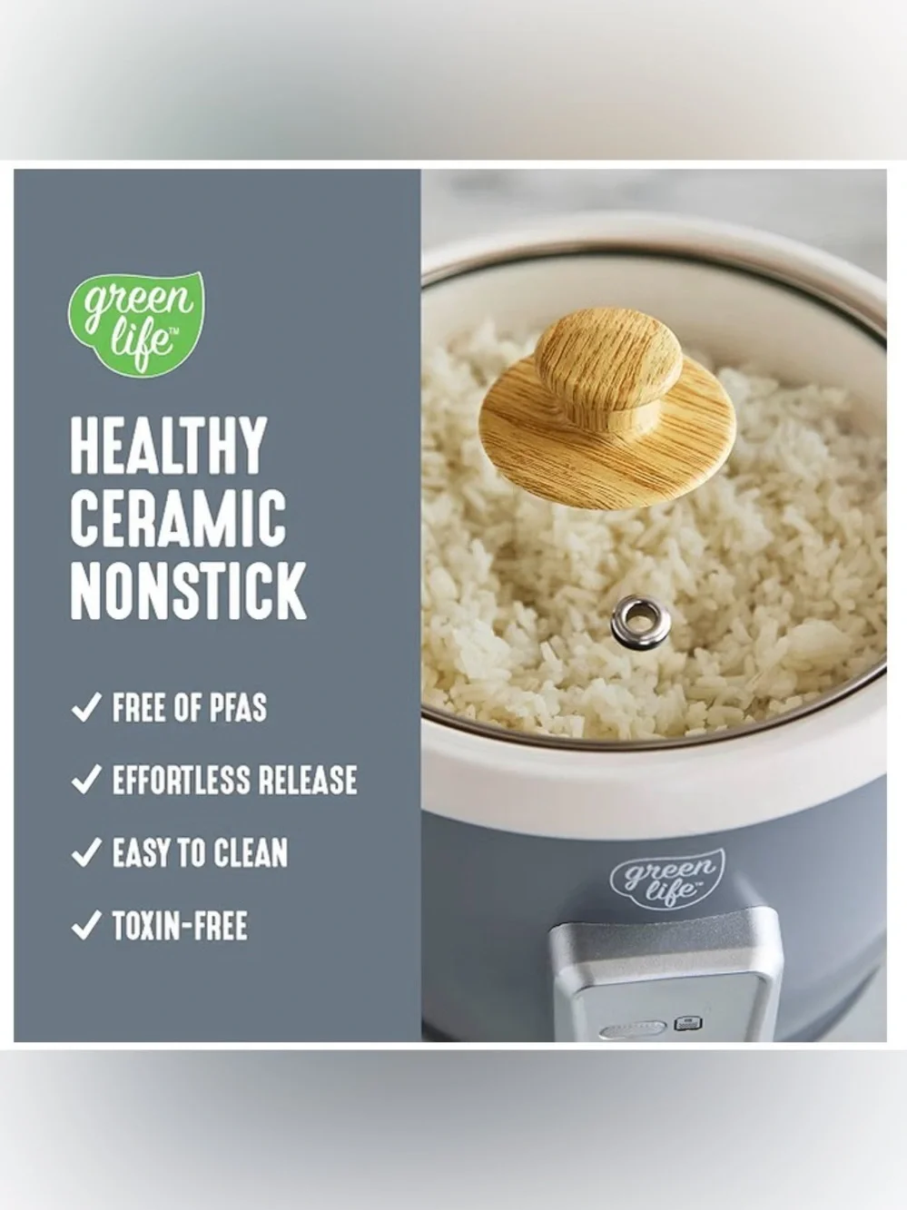 GreenLife Rice Cooker, 3-Cups Uncooked/6-Cups Cooked, Gray New
